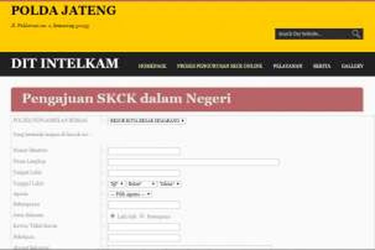 Website layanan permohonan pembuatan SKCK di Polda Jawa Tengah.