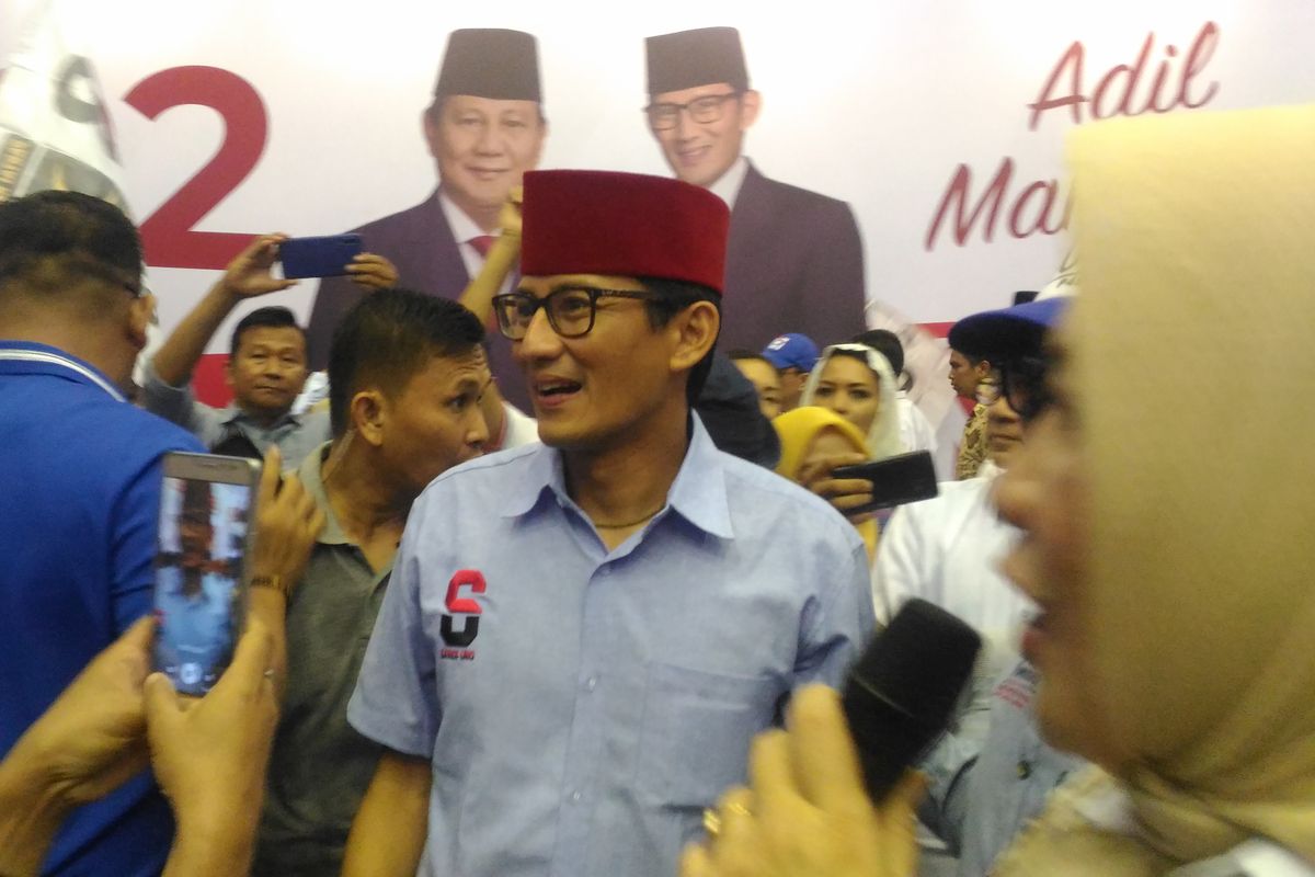 Calon wakil presiden nomor urut 02, Sandiaga Uno, di GOR Jakarta Utara, Senin (25/3/2019). 