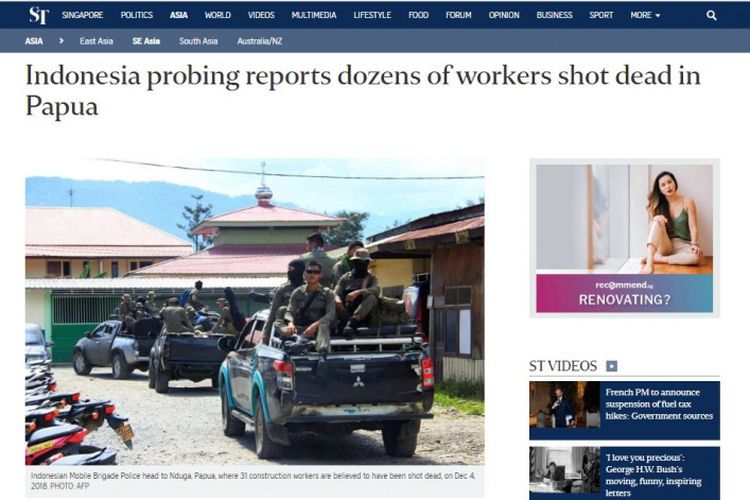 Pemberitaan Straight Times tentang pembantaian di Papua