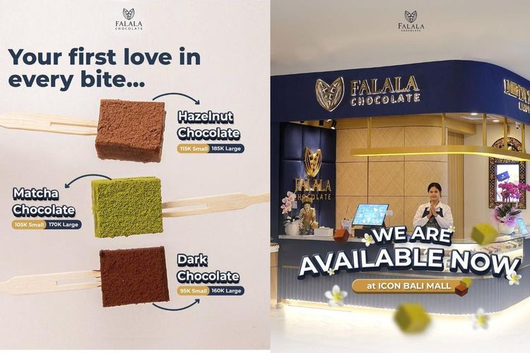 Tiga varian Falala Chocolate dan flyer cabang baru di Icon Bali Mall.