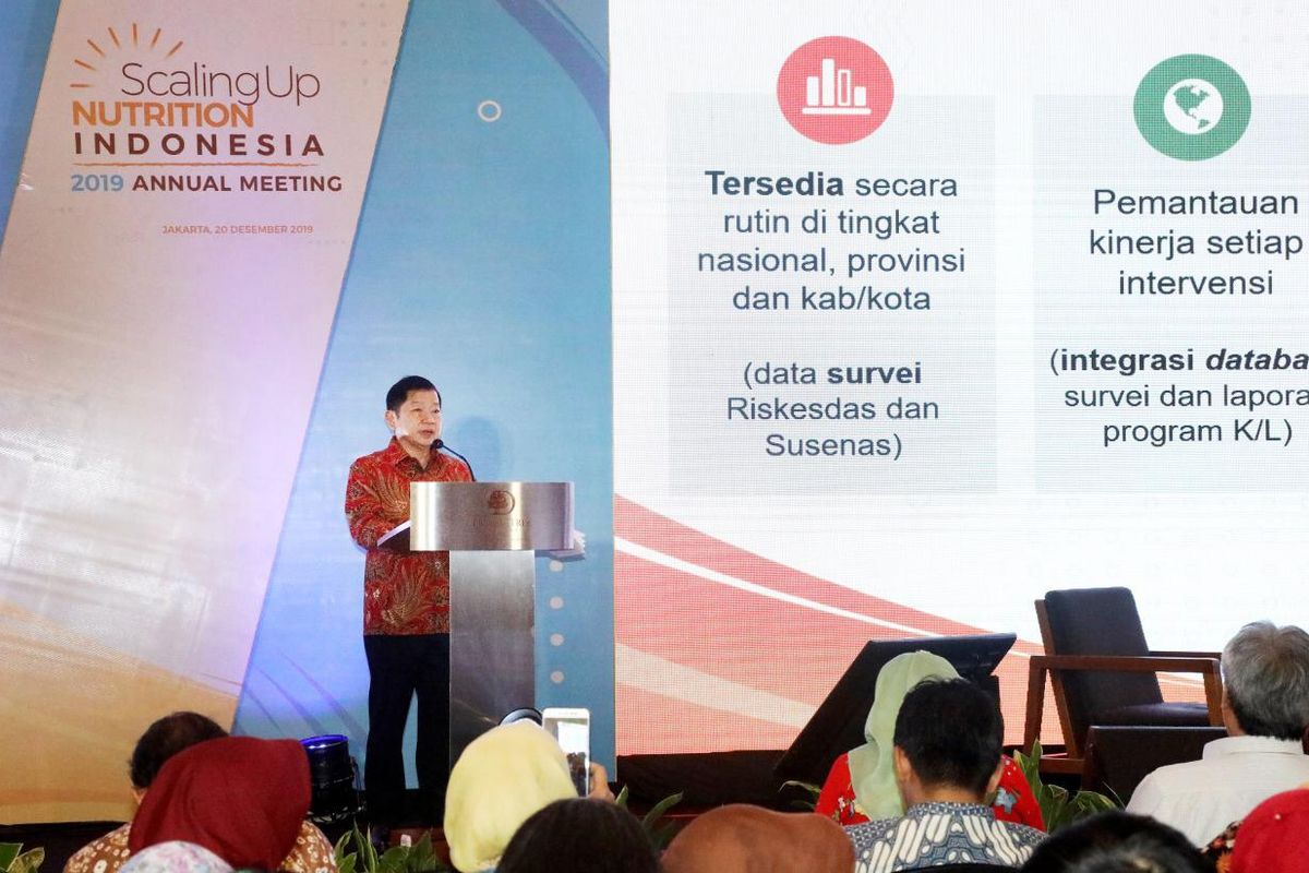 Menteri Suharso dalam acara Scaling Up Nutrition Indonesia Annual Meeting 2019: “Bekerja Bersama Turunkan Stunting”, Jumat (20/12/2019) di Double Tree Jakarta. 