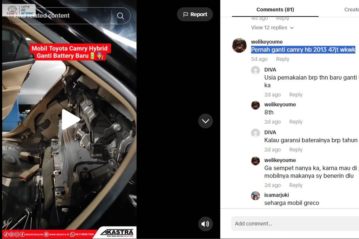Viral di media sosial, ganti baterai mobil Toyota Camry Hybrid tembus Rp 47 juta