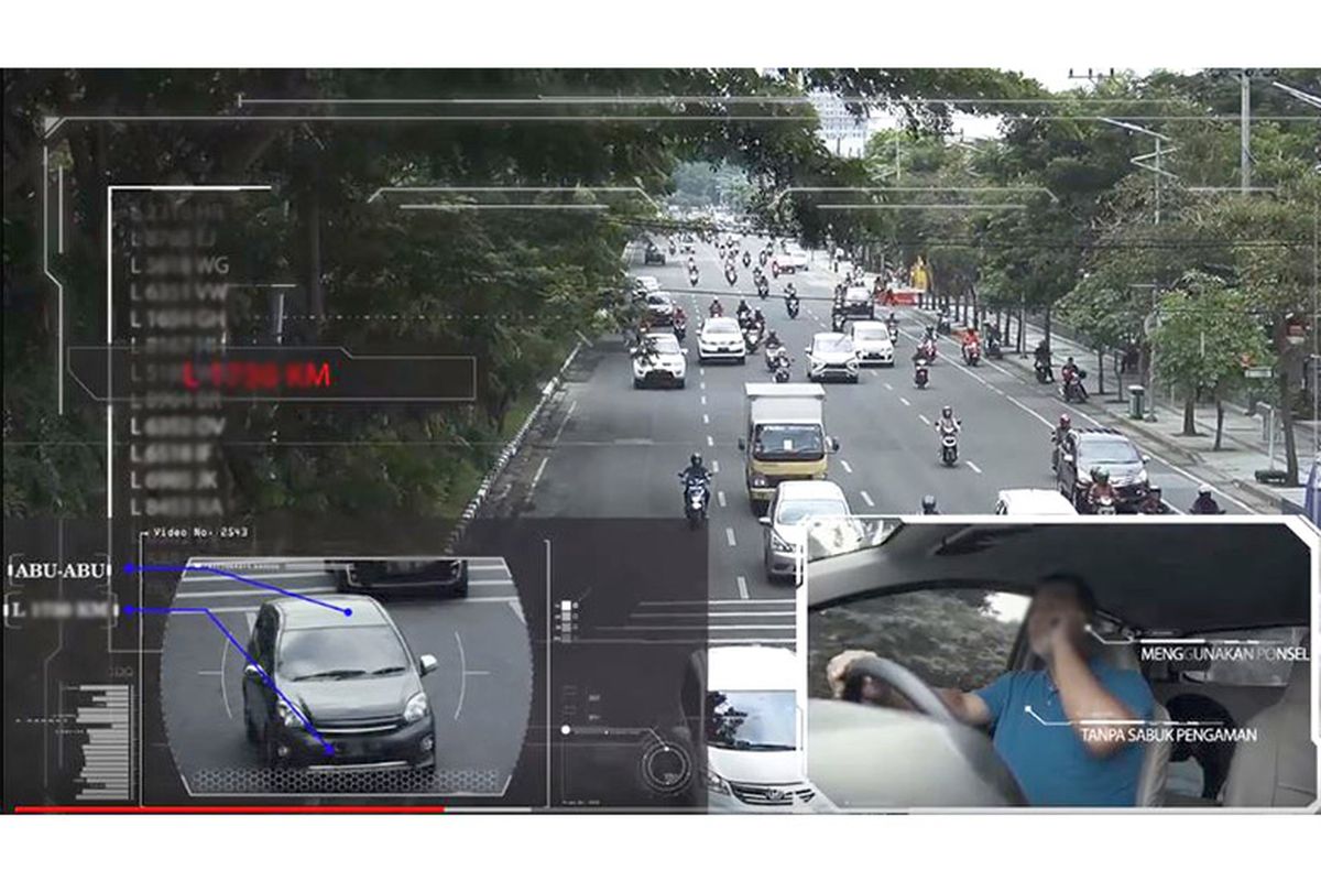 Simulasi cara kerja CCTV face recognition menangkap pelanggaran lalu lintas pengguna jalan.