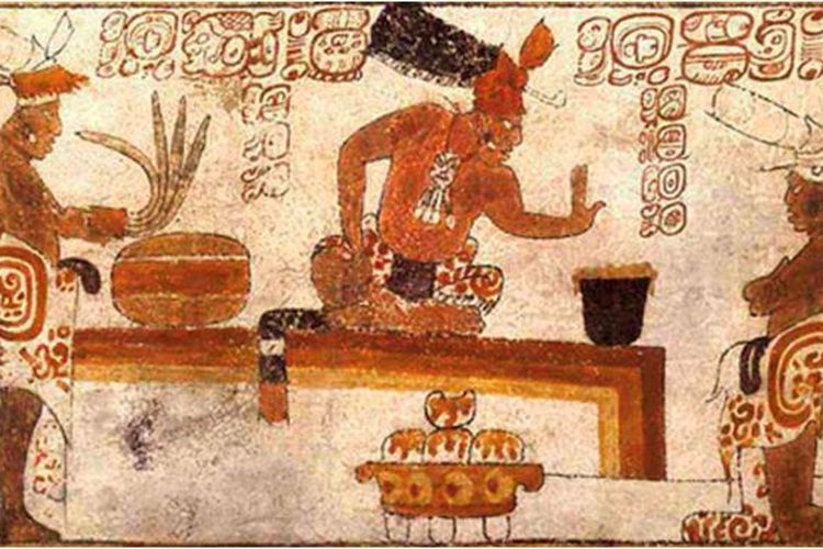 Suku Maya Kuno bersama dengan vas silinder berisi minuman. Studi ungkap orang suku Maya Kuno juga makan cokelat. Cokelat tidakk hanya menjadi persembahan untuk dewa.