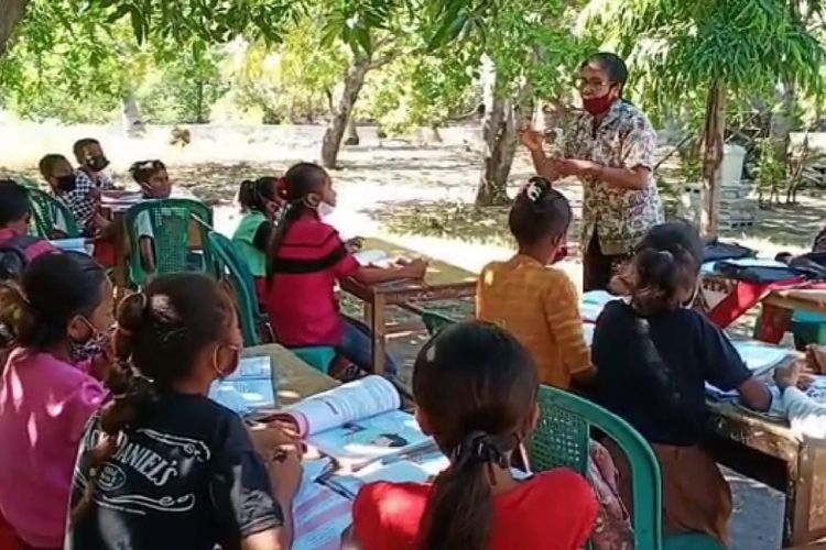 Foto : Murid dan guru di Sekolah Dasar Inpres Kolosia, Desa Kolisia, Kecamatan Magepanda, Kabupaten Sikka, NTT, belajar di bawah pohon karena tidak punya handphone dan jaringan internet, Selasa (11/8/2020). 