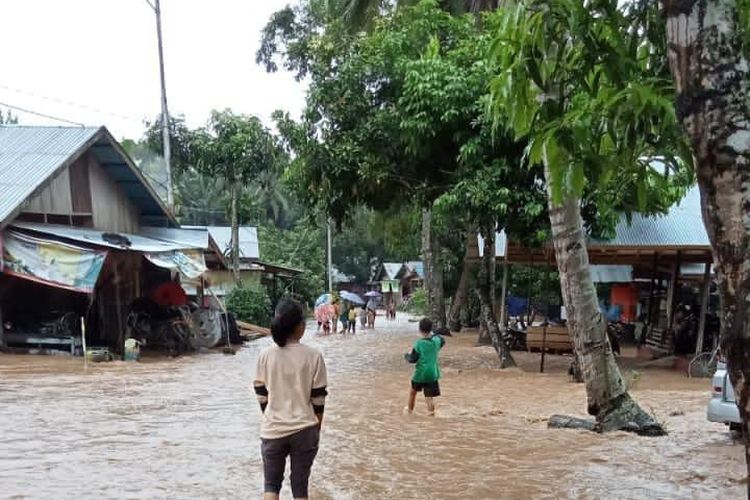 Salah satu jalan desa di Kecamatan Tebing Tinggi, Balangan, Kalsel yang terendam banjir pada, Senin (15/11/2021). 