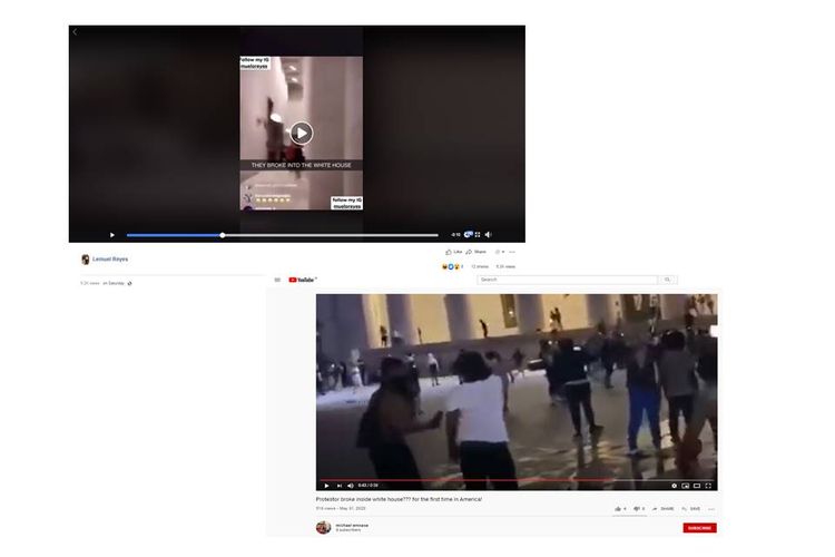 Tangkapan layar video yang dibagikan di Facebook dan Youtube yang menyebutkan Gedung Putih dimasuki demonstran. Informasi ini hoaks. Peristiwa dalam video itu terjadi di Ohio Statehouse, Columbus.
