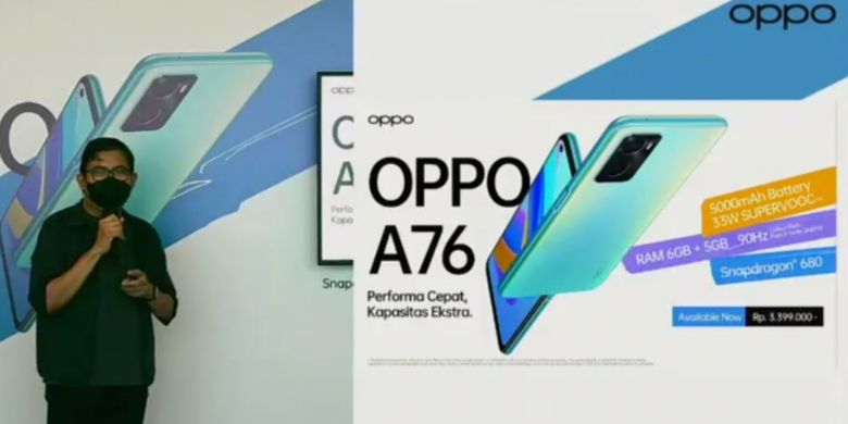 Tangkapan layar saat PR Manager Oppo Indonesia Aryo Meidianto mengungkap harga Oppo A76 di Indonesia.