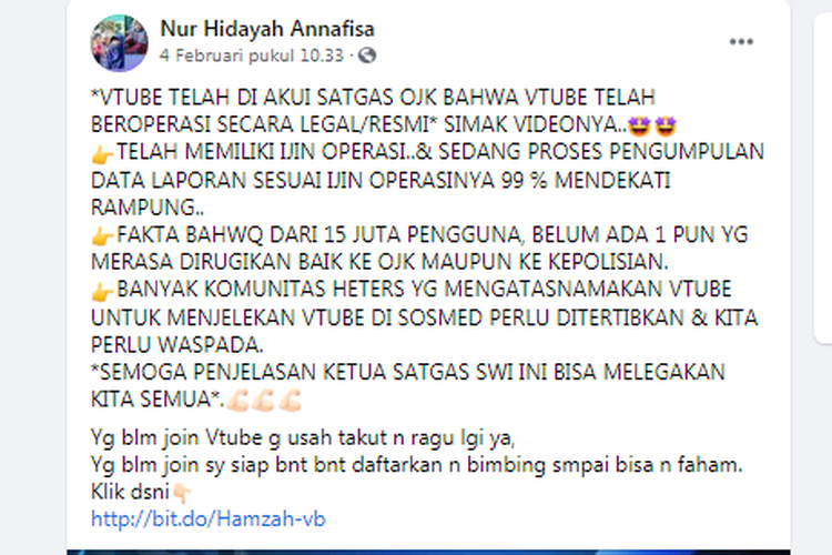 Vtube diklaim sudah diakui OJK dan izin sudah diurus 99 persen