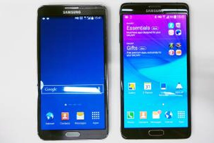Perbandingan tampilan depan Samsung Galaxy Note 3 (kiri) dan Note 4, sekilas nyaris tak tampak berbeda.