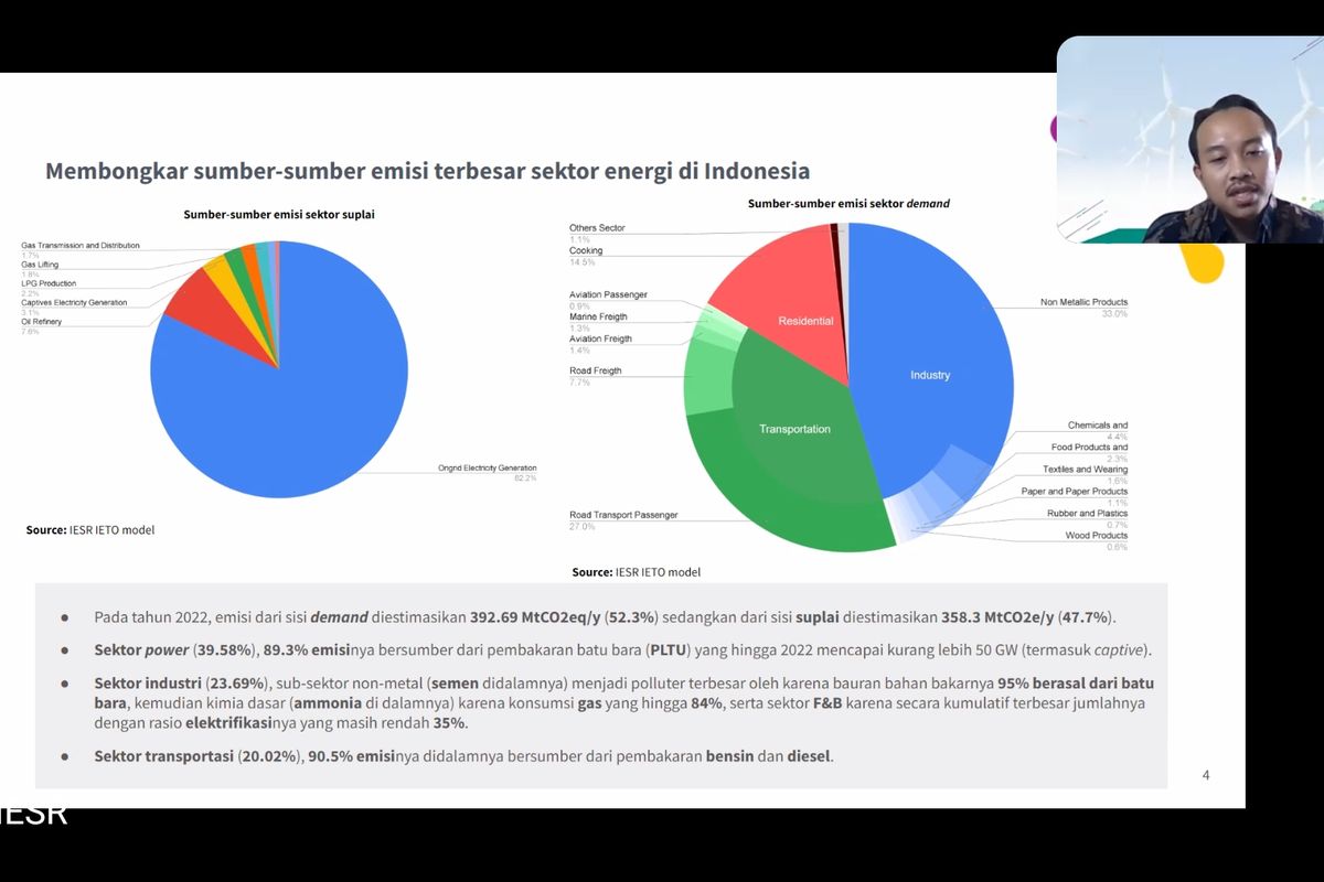 Tangkapan layar saat Analis Energi Terbarukan Institute for Essential Services Reform (IESR) Pintoko Aji menyampaikan pemaparan dalam media briefing peluncuran laporan Indonesia Energy Transition Outlook (IETO) 2024 yang diikuti secara daring pada Selasa (12/12/2023).