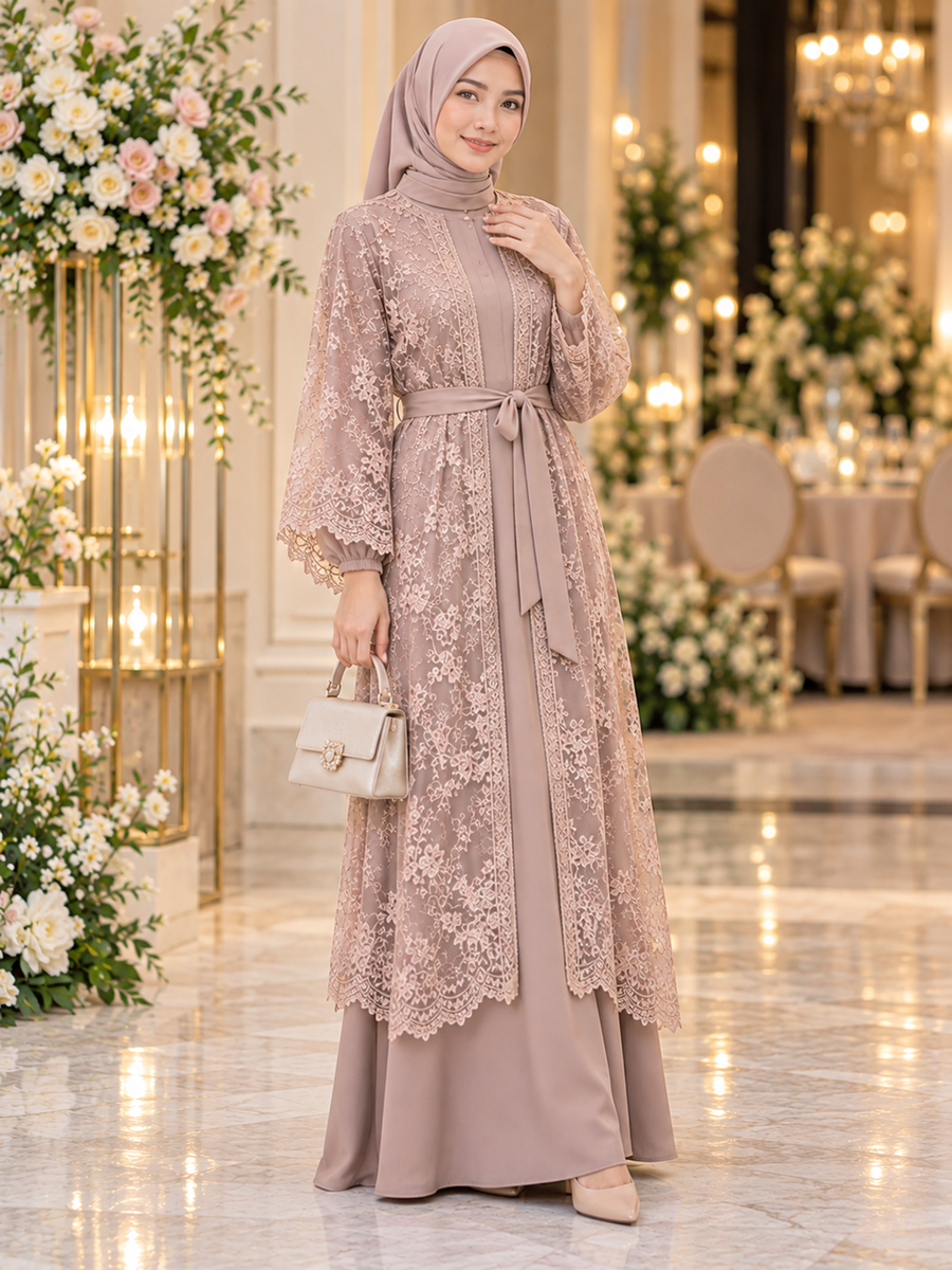 Outer Brokat dengan Ikat Pinggang, Rapi dan Stylish