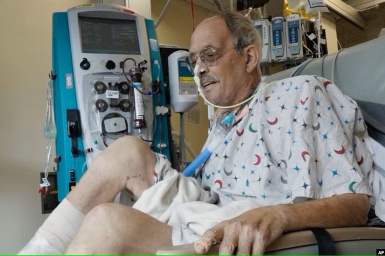 Lawrence Faucette, pasien penerima cangkok hati babi, sedang menjalani terapi di rumah sakit Fakultas Kedokteran, Universitas Maryland, di Baltimore, 18 Oktober 2023.