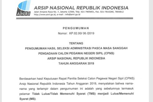 Hasil Sanggah Administrasi CPNS 2019 ANRI Diumumkan, Ini Info Lengkapnya!