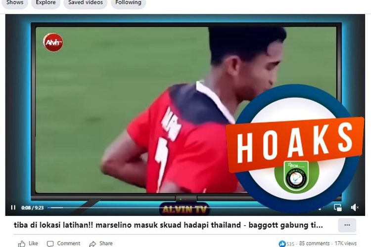 Tangkapan layar Facebook narasi yang menyebut Marselino dan Elkan Baggot masuk skuad tim nasional Indonesia melawan Thailand di semi final Piala AFF U-23