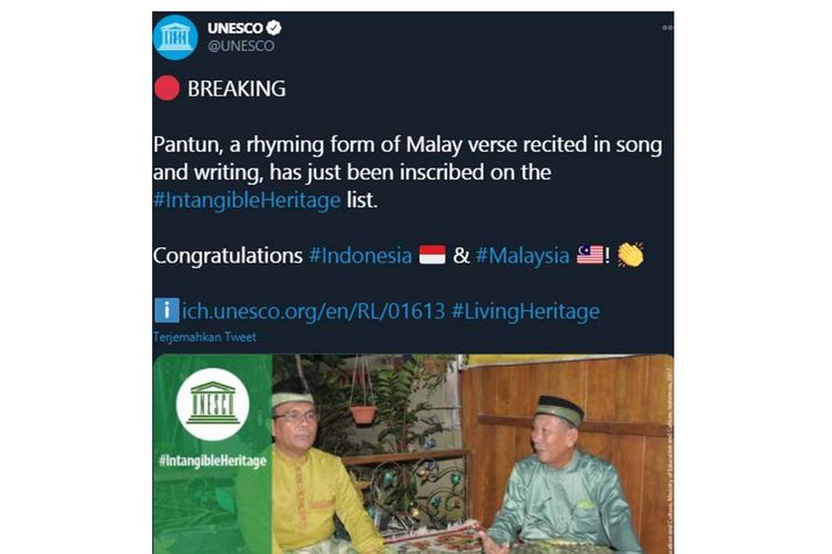 UNESCO announcement of Pantun as an Intangible Cultural Heritage on its Twitter account @UNESCO on Thursday, (17/12/2020)