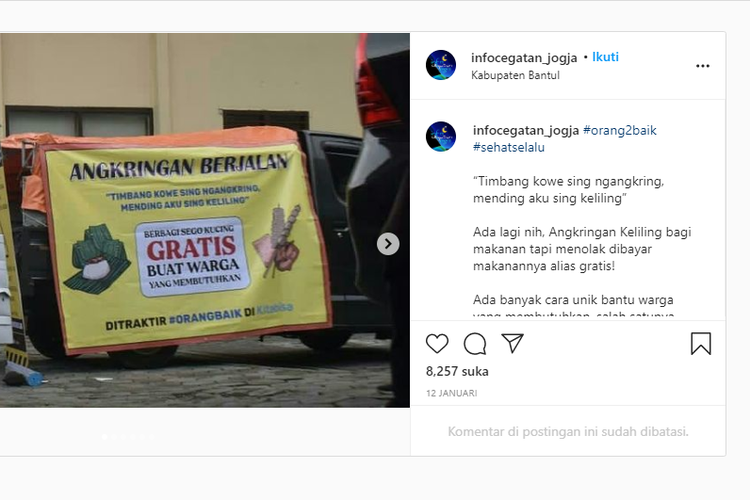 Tangkapan layar unggahan foto Angkringan Berjalan dari akun Instagram infocegatan_jogja.