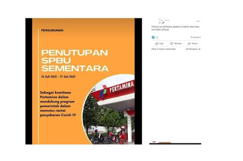 Beredar Informasi SPBU Akan Tutup Sementara 12-17 Juli 2021, Ini Bantahan Pertamina