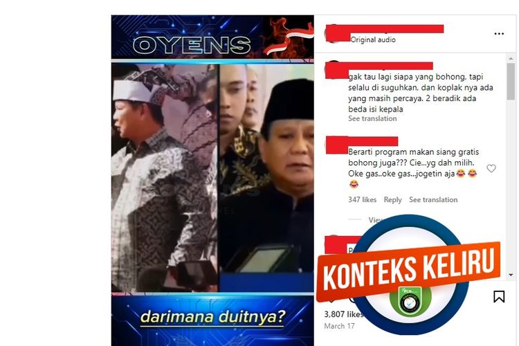 Tangkapan layar Instagram, video yang diklaim menampilkan Prabowo membantah janjinya di Pilpres 2024