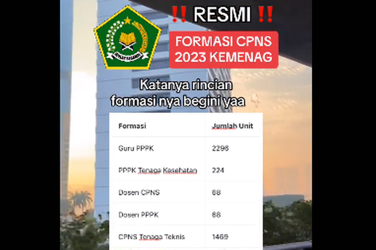 Tangkapan layar video TikTok yang menginformasikan perincian formasi CPNS dan PPPK Kemenag 2023