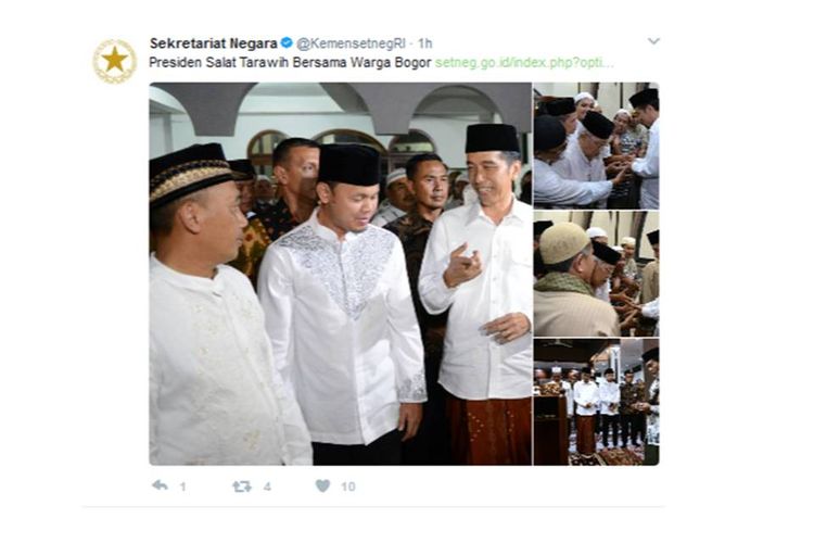 Presiden Joko Widodo menunaikan shalat tarawih di Masjid Al Muslimun, Jalan Indraprasta, Kota Bogor, Jawa Barat, Kamis (1/6/2017). 