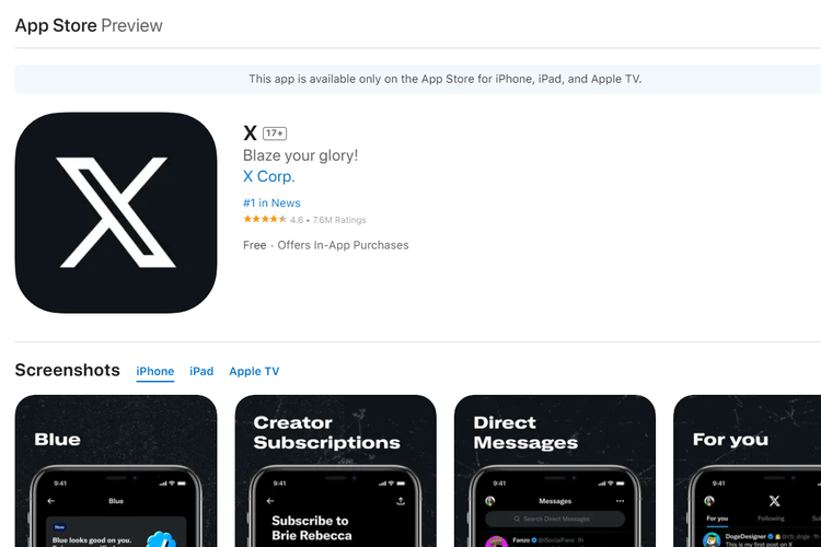 Nama aplikasi Twitter resmi berubah menjadi X di App Store pada 31 Juli 2023. Sebelumnya, App Store tak mengizinkan penamaan aplikasi dengan satu karakter saja.