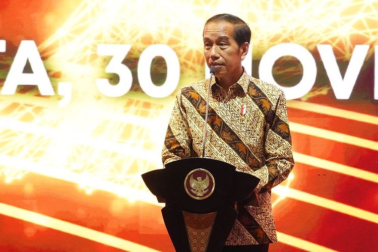 Presiden Joko Widodo saat Pertemuan Tahunan Bank Indonesia 2022 di Jakarta, 30 November 2022. Jokowi menyebut kata hati-hati dalam pidatonya hingga 19 kali.