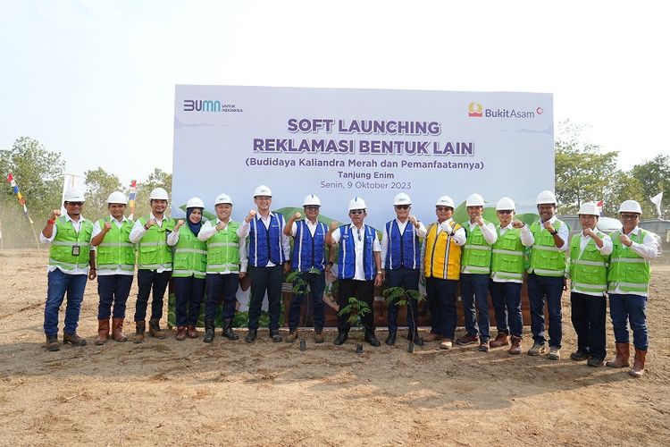 PT Bukit Asam Tbk (PTBA) melakukan Soft Launching Reklamasi Bentuk Lain untuk Pengembangan Budi Daya Kaliandra Merah di Tanjung Enim, Sumatera Selatan (Sumsel), Senin (9/10/2023).

