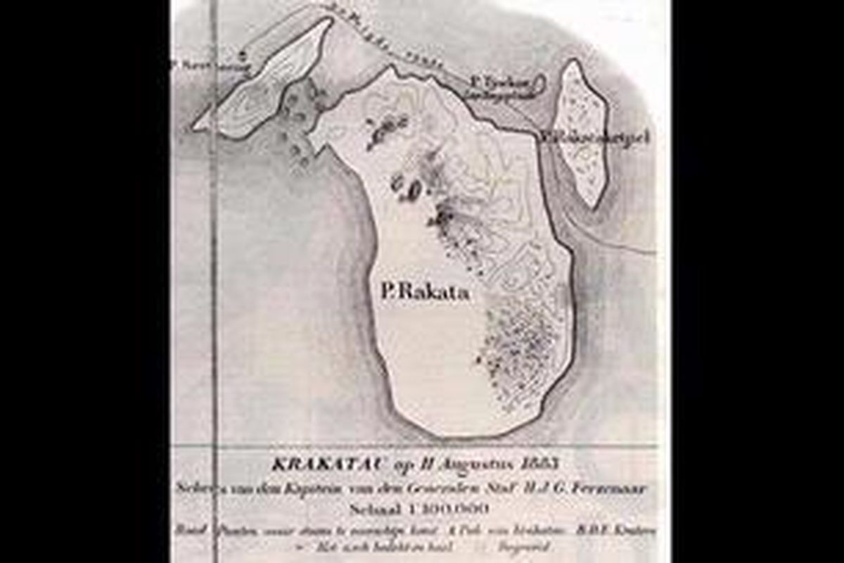 Peta Krakatau yang dibuat HJG Ferzenaar pada 11 Agustus 1883. Peta ini merupakan yang terakhir yang dibuat sebelum pulau gunung api ini hancur karena meletus pada 27 Agustus 1883.