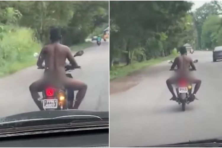 Tangkapan layar dari video seorang pria diduga mabuk, telanjang bulat naik motor di tengah jalan dengan santai. Video ini diunggah akun Info Roadblock JPJ/POLIS pada Minggu (2/5/2021) di Facebook.