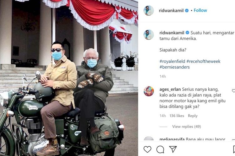 Meme Bernie Sanders berboncengan dengan Gubernur Jawa Barat Ridwan Kamil.