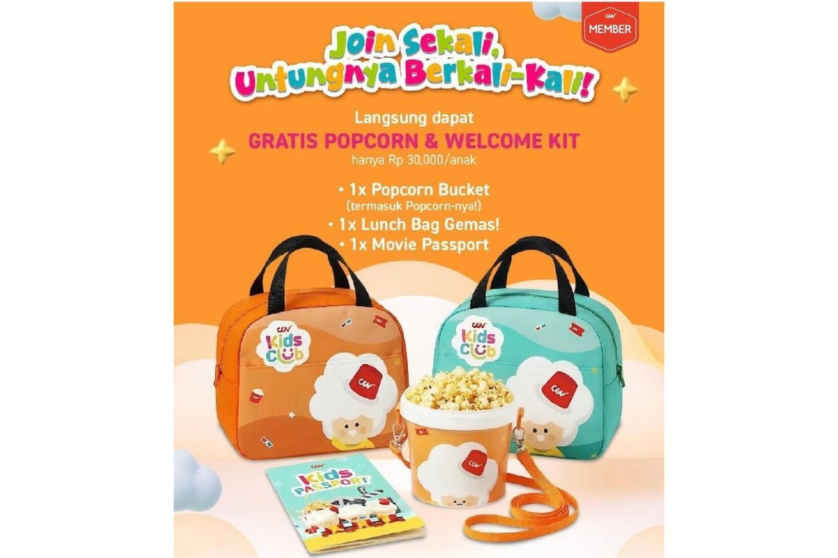 Anak yang terdaftar pada CGV Kids Club akan mendapatkan Welcome Kit eksklusif yang terdiri dari popcorn bucket, lunch bag, dan movie passport. 