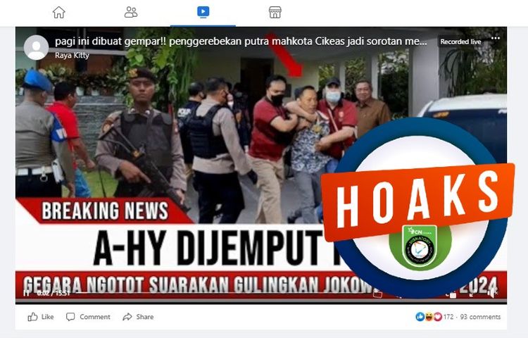Tangkapan layar Facebook narasi yang menyebut AHY ditangkap polisi karena menyuarakan untuk menggulingkan Presiden Jokowi