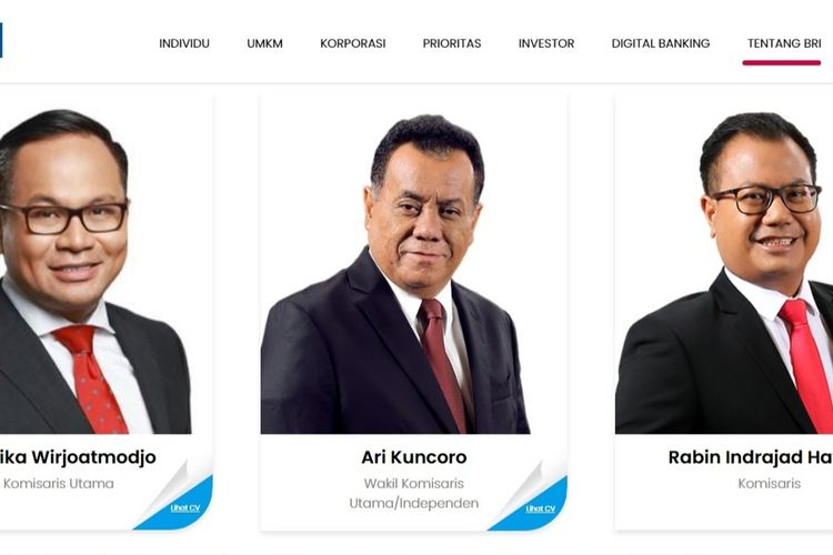Rektor Universitas Indonesia, Ari Kuncoro, diduga melanggar statuta UI karena merangkap jabatan sebagai Wakil Komisaris Utama BRI. Gambar diambil dari situs resmi BRI pada Senin (28/6/2021) sore.