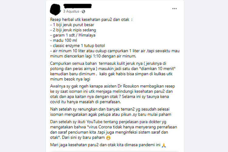 Tangkapan layar unggahan soal klaim ramuan herbal dapat mengobati gangguan otak dan paru-paru pada penderita Covid-19.