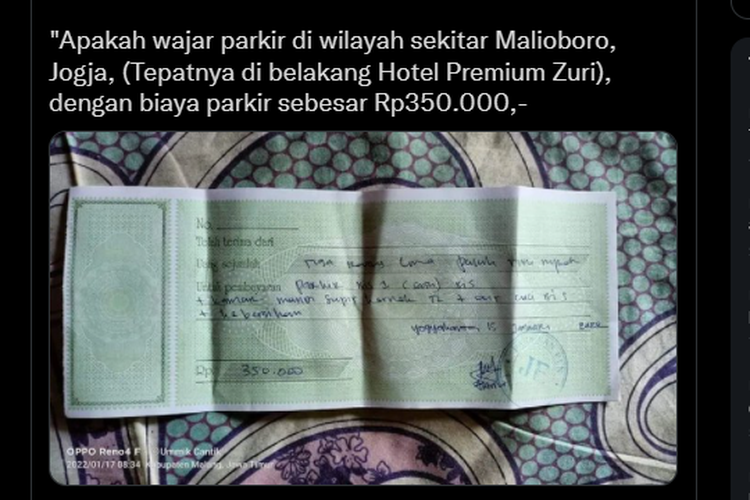 Tangkapan layar twit soal kwitansi bernominal Rp 350.000 untuk biaya parkir bus di Yogyakarta.