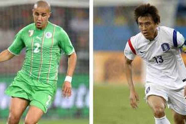 Kombinasi foto yang memperlihatkan bek sekaligus kapten Aljazair, Madjid Bougherra (kiri), ketika beraksi di Cape Town pada 18 Juni 2010, dan striker sekaligus kapten Korea Selatan, Koo Ja-Cheol.