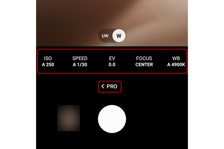 Ilustras tampilan mode Pro di kamera Galaxy A54