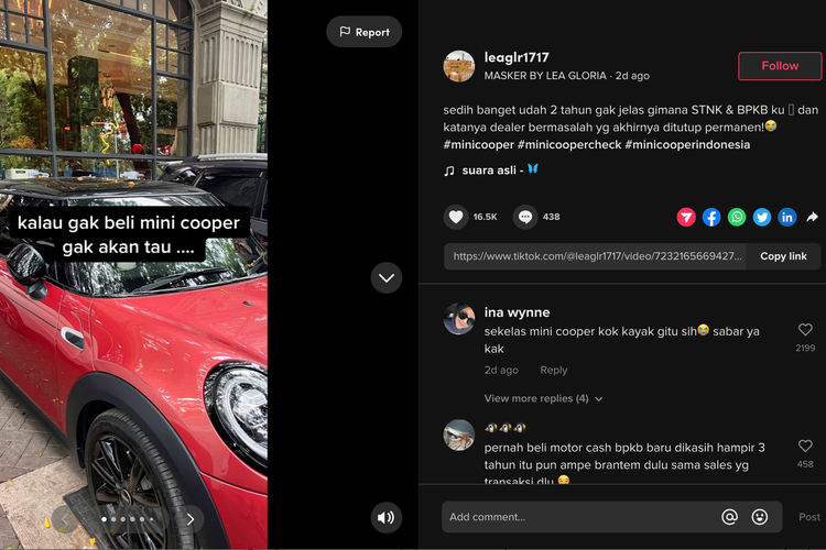  Viral di media sosial video yang berisi curhatan seorang wanita pemilik mobil Mini Cooper