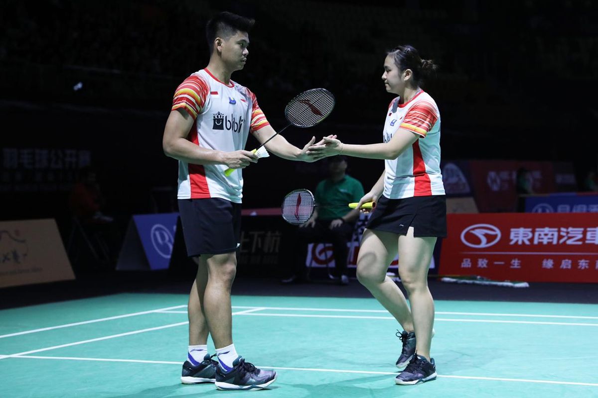 Pasangan ganda campuran Praveen Jordan/Melati Daeva Oktavianti saat menjalani laga babak pertama Fuzhou China Open 2019, di Haixia Olympic Sports Center, Rabu (6/11/2019).