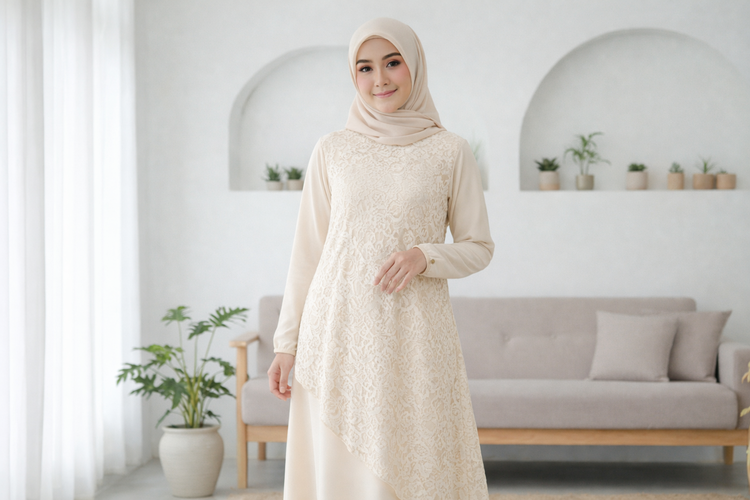 Gamis Bini Orang A-Line Clean dengan Brokat Lengkung Soft