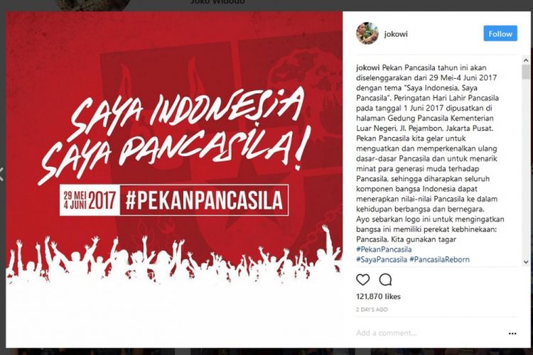 Presiden Joko Widodo mengunggah pesan tentang Pancasila untuk menyambut Pekan Pancasila.