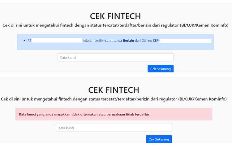 Jika layanan fintech legal, tampilan akan muncul seperti gambar atas. Sebaliknya, apabila layanan fintech ilegal, tampilan akan muncul seperti gambar di bawah.