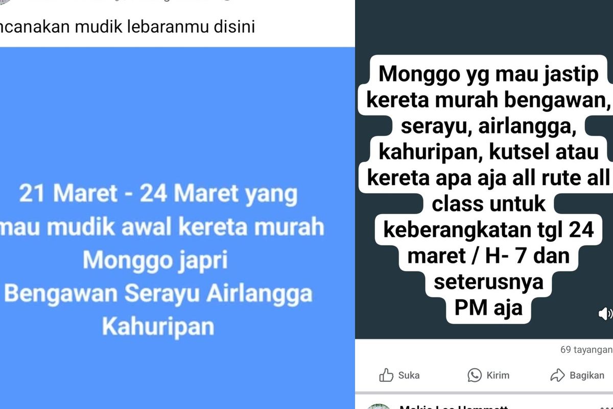 Tangkap layar penawaran calo tiket kereta api yang merebak seiring penjualan tiket kereta api angkutan Lebaran 2025