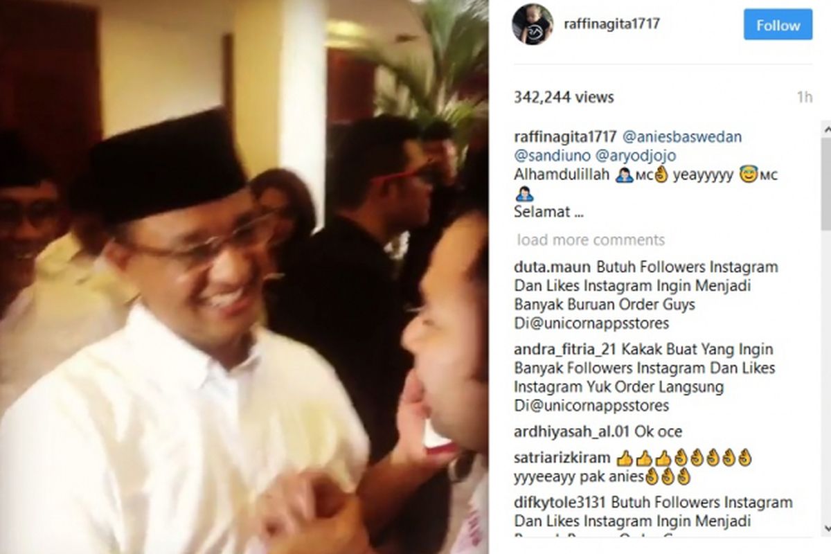 Raffi Ahmad tampak menjabat tangan Anies Baswedan lewat video singkat yang ia unggah dalam akun Instagram-nya, @raffinagita1717, Rabu (19/4/2017). 