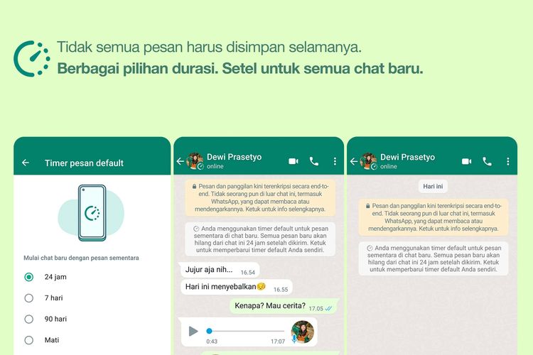 Ilustrasi fitur Dissapearing Mesage di WhatsApp yang bisa diatur di menu pengaturan.