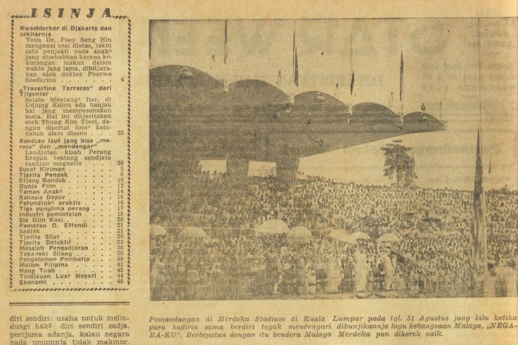 Pemandangan Stadion Merdeka di Kuala Lumpur, Malaysia, pada tanggal 31 Agustus 1957 saat dibacakannya deklarasi kemerdekaan Federasi Malaya.