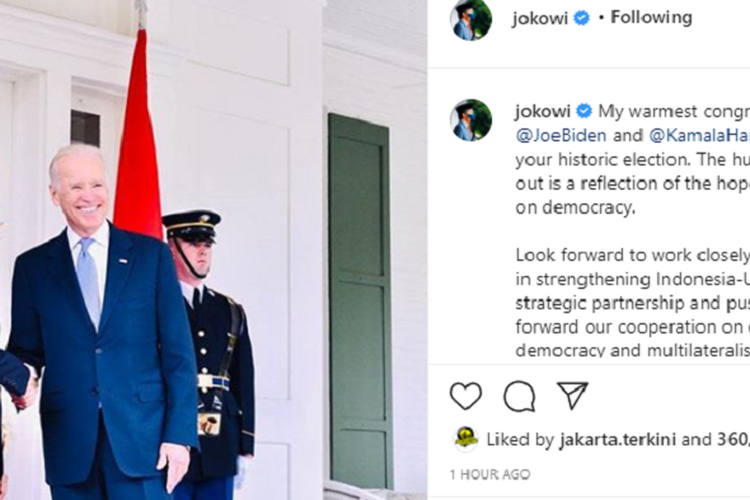 A screenshot of President Joko Widodos Instagram post congratulating US President-elect Joe Biden and Vice-President elect Kamala Harris following their victory in the 2020 US Presidential race