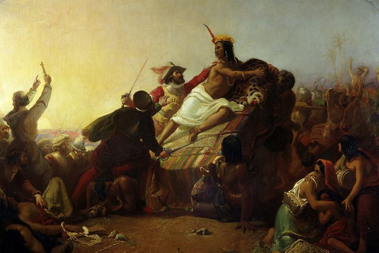 Sebuah lukisan yang menggambarkan penangkapan Kaisar Inca ke-13, Atahualpa.