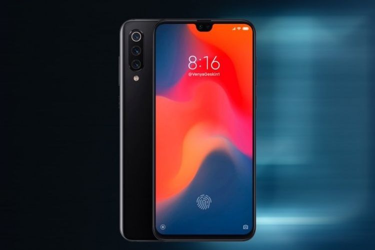 Ilustrasi Render Mi 9 dengan tiga kamera dan poni di layarnya